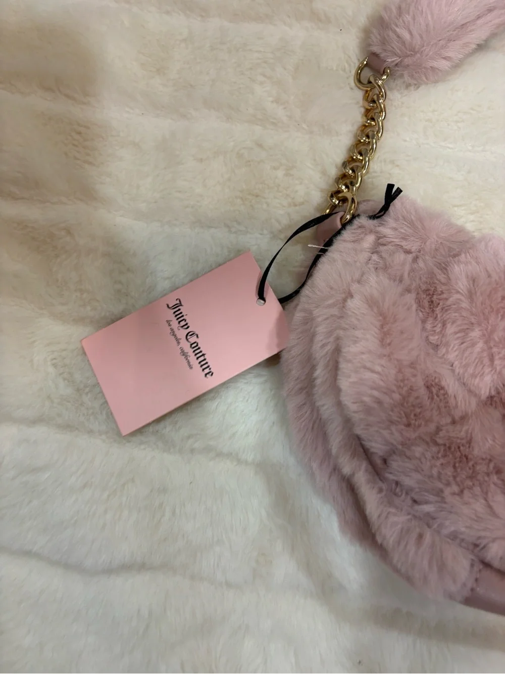 Juicy Couture Blush Pink Faux Fur Shoulder Bag with Gold Chain